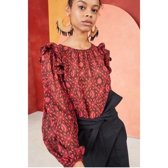 Ulla Johnson Medine Floral Long Sleeve Ruffled Sheer Silk Top Red Black Sz 2 - Picture 1 of 10